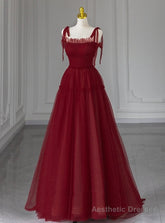 Burgundy Tulle Straps Beading Prom Dress